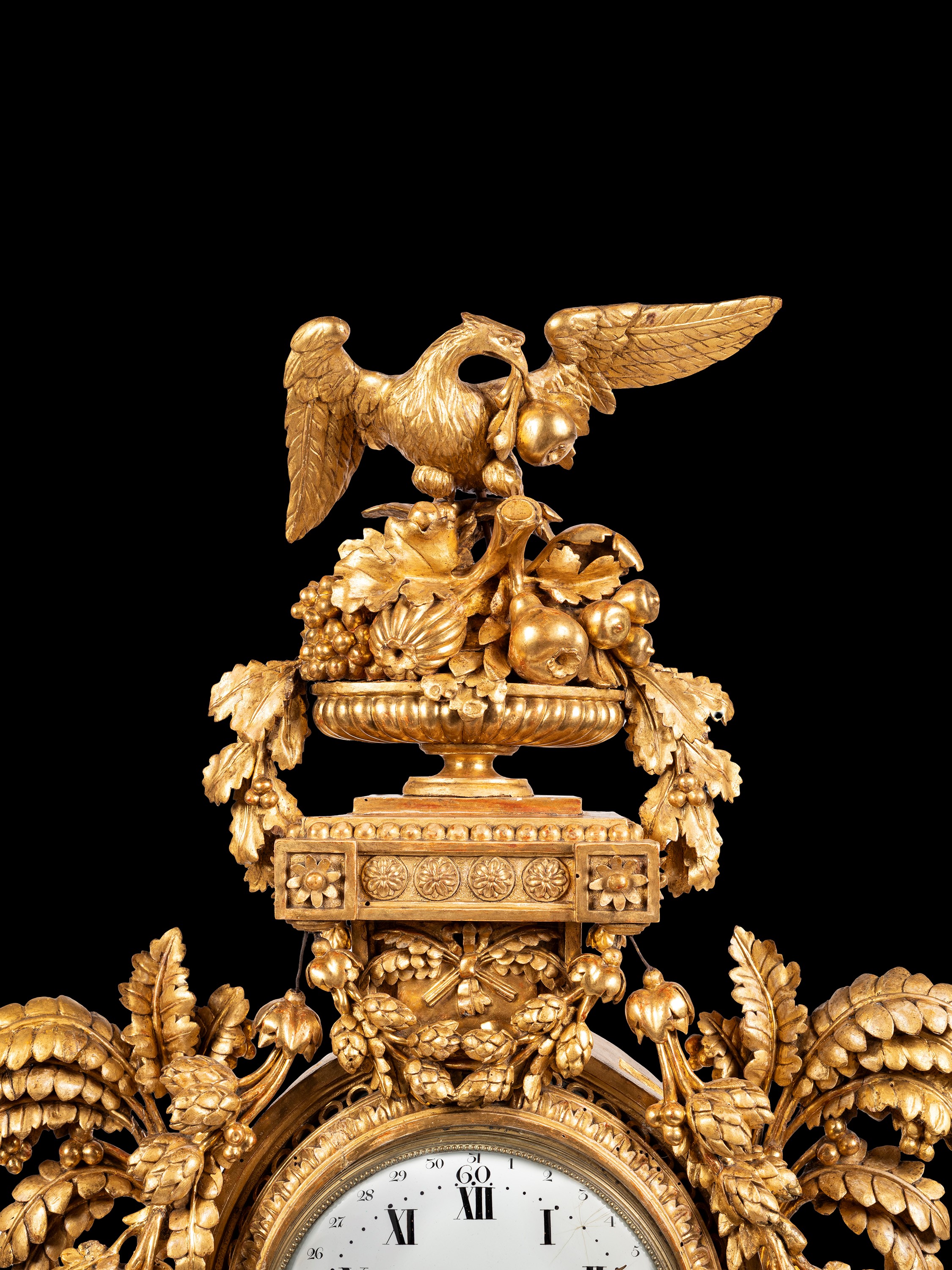 Francesco Bolgiè (attrib.), Orologio cartel, cassa in legno dorato a foglia, XVIII secolo