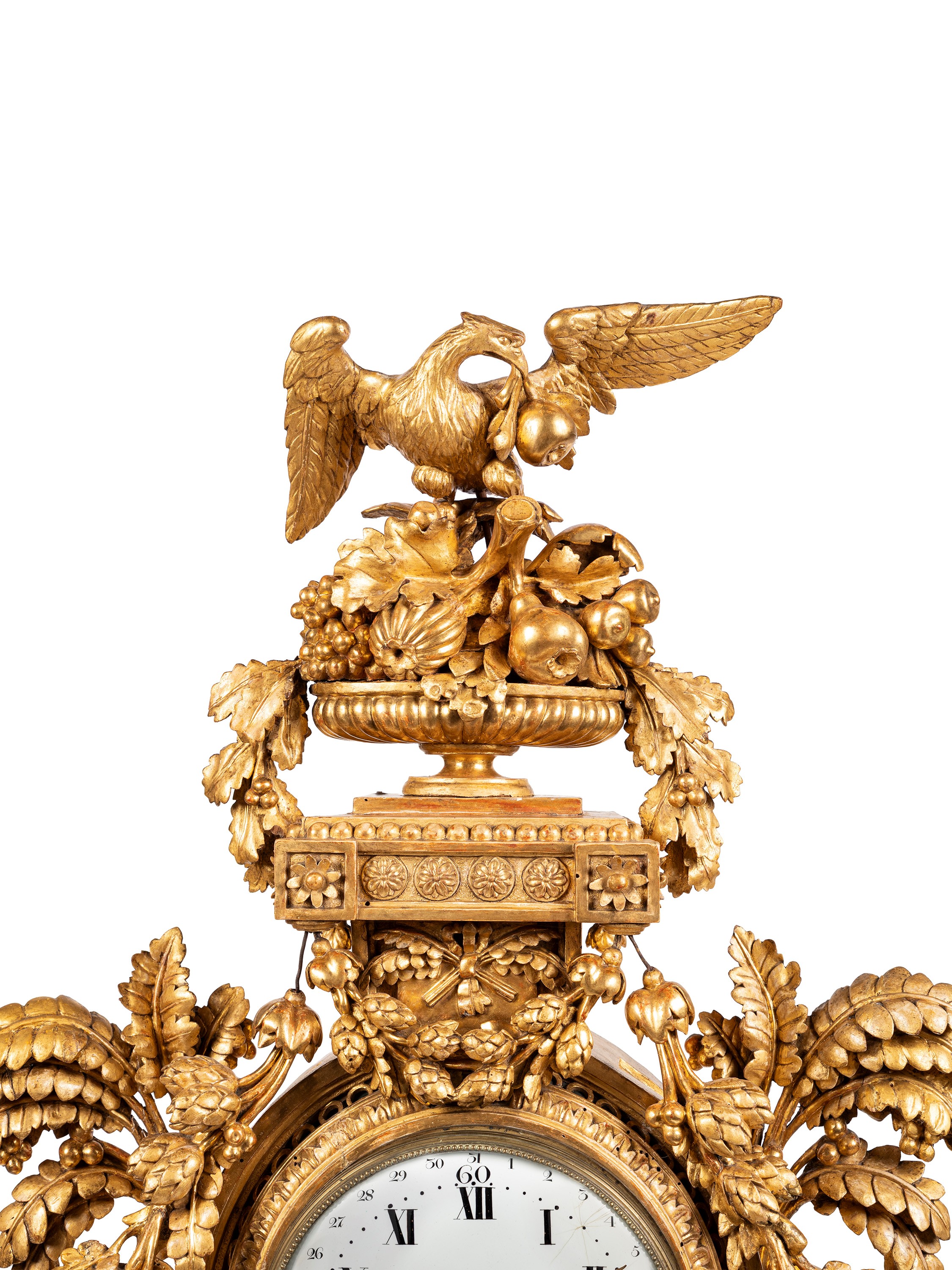 Francesco Bolgiè (attrib.), Orologio cartel, cassa in legno dorato a foglia, XVIII secolo