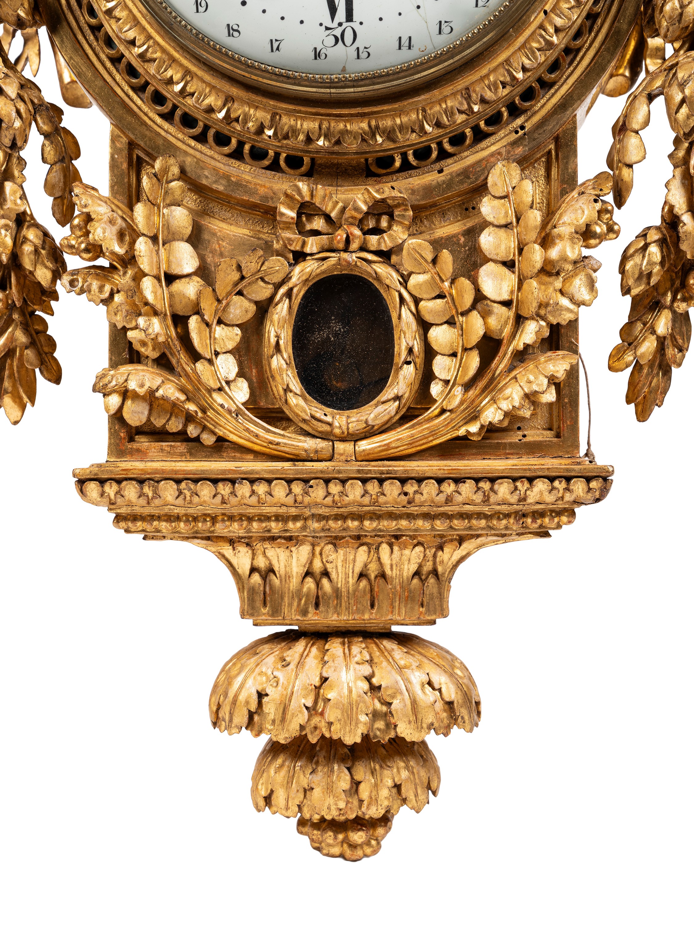 Francesco Bolgiè (attrib.), Orologio cartel, cassa in legno dorato a foglia, XVIII secolo