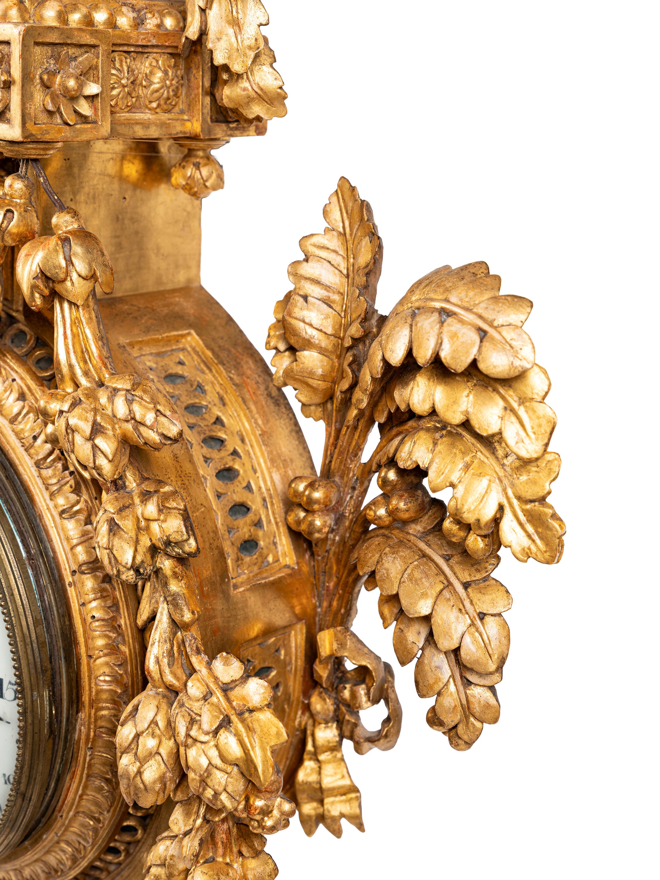 Francesco Bolgiè (attrib.), Orologio cartel, cassa in legno dorato a foglia, XVIII secolo