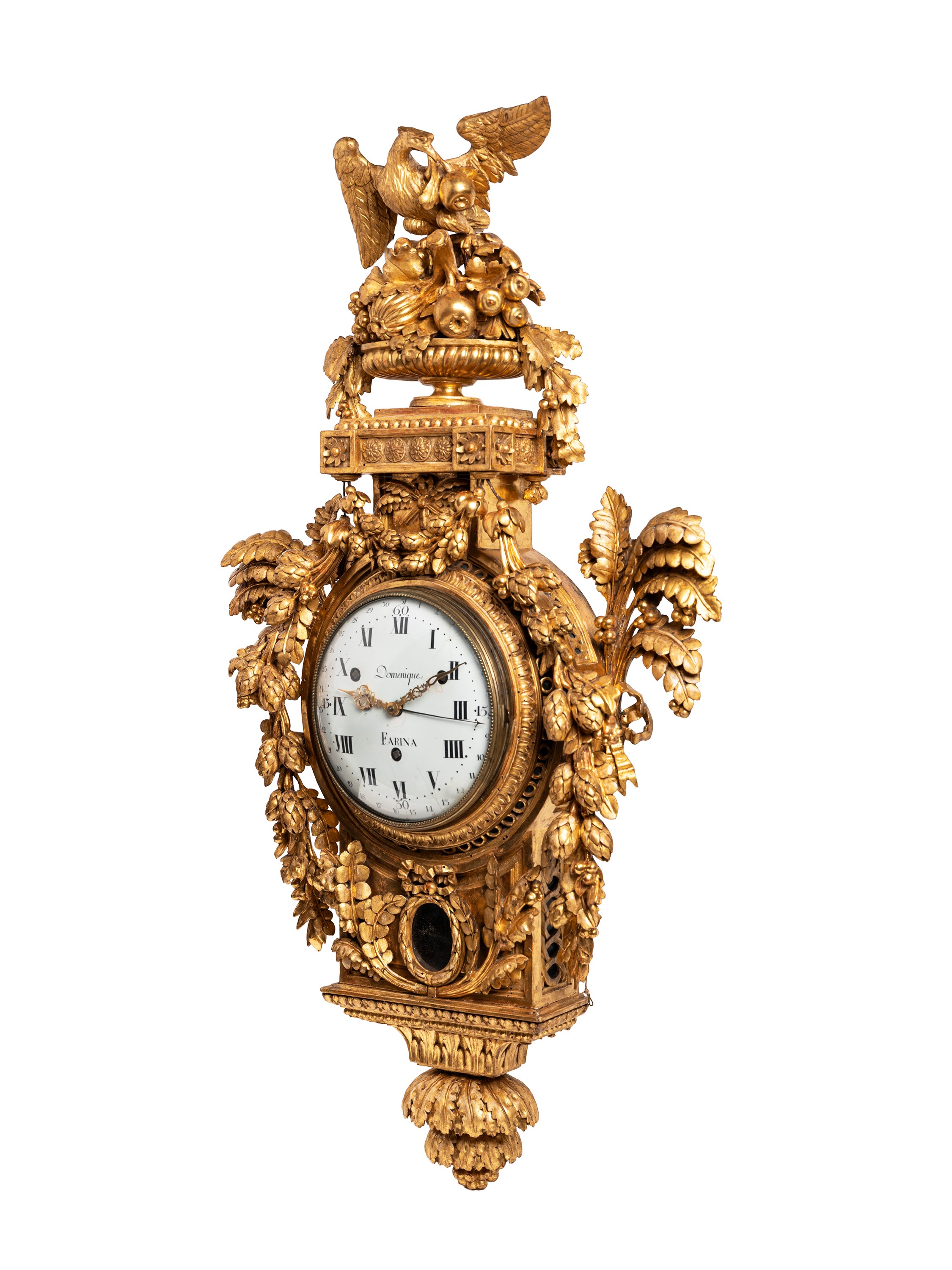 Francesco Bolgiè (attrib.), Orologio cartel, cassa in legno dorato a foglia, XVIII secolo