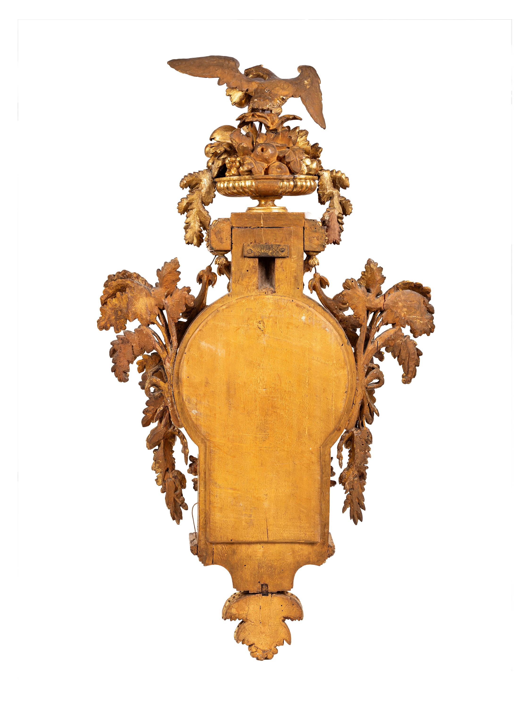 Francesco Bolgiè (attrib.), Orologio cartel, cassa in legno dorato a foglia, XVIII secolo