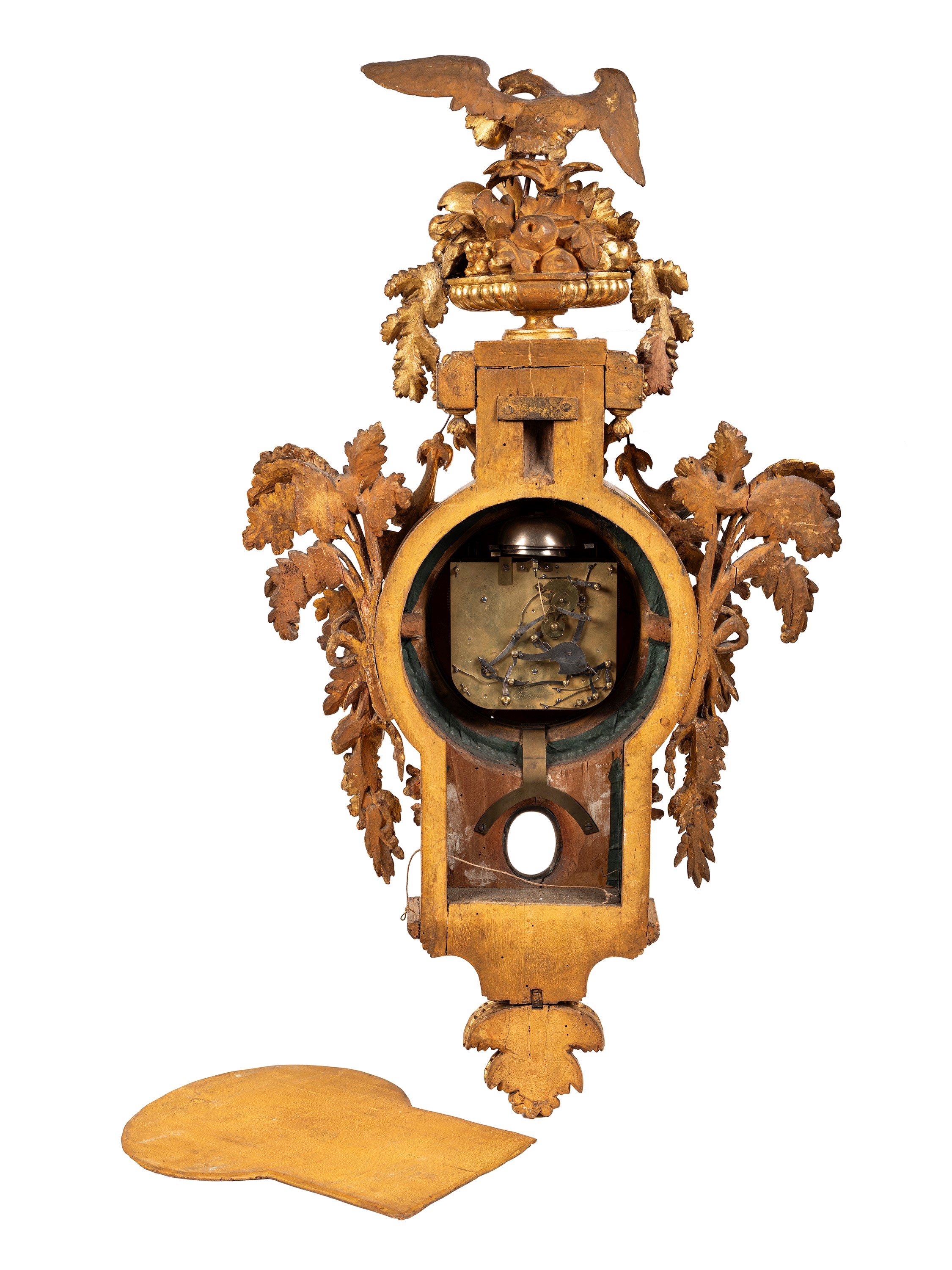 Francesco Bolgiè (attrib.), Orologio cartel, cassa in legno dorato a foglia, XVIII secolo