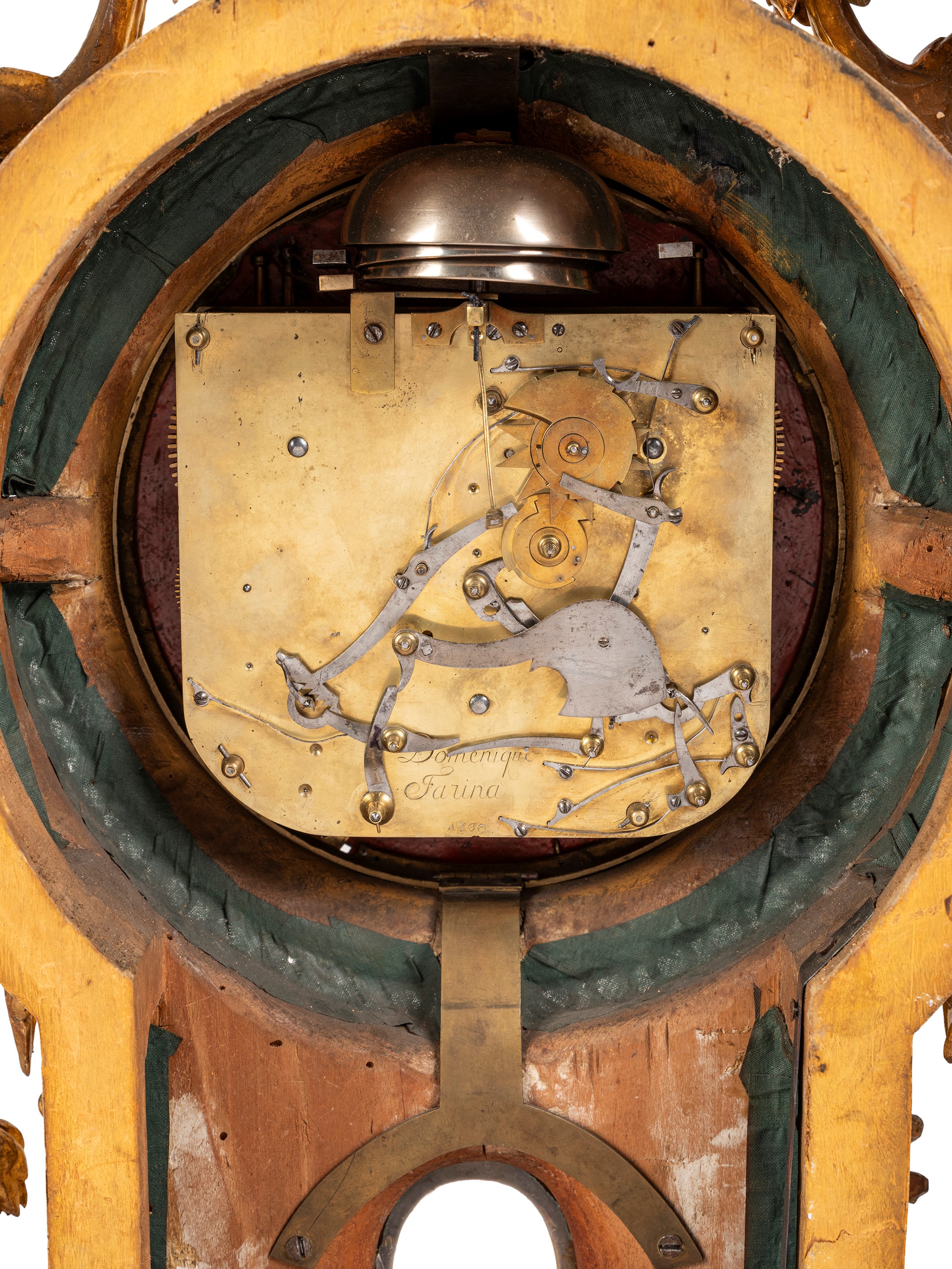 Francesco Bolgiè (attrib.), Orologio cartel, cassa in legno dorato a foglia, XVIII secolo