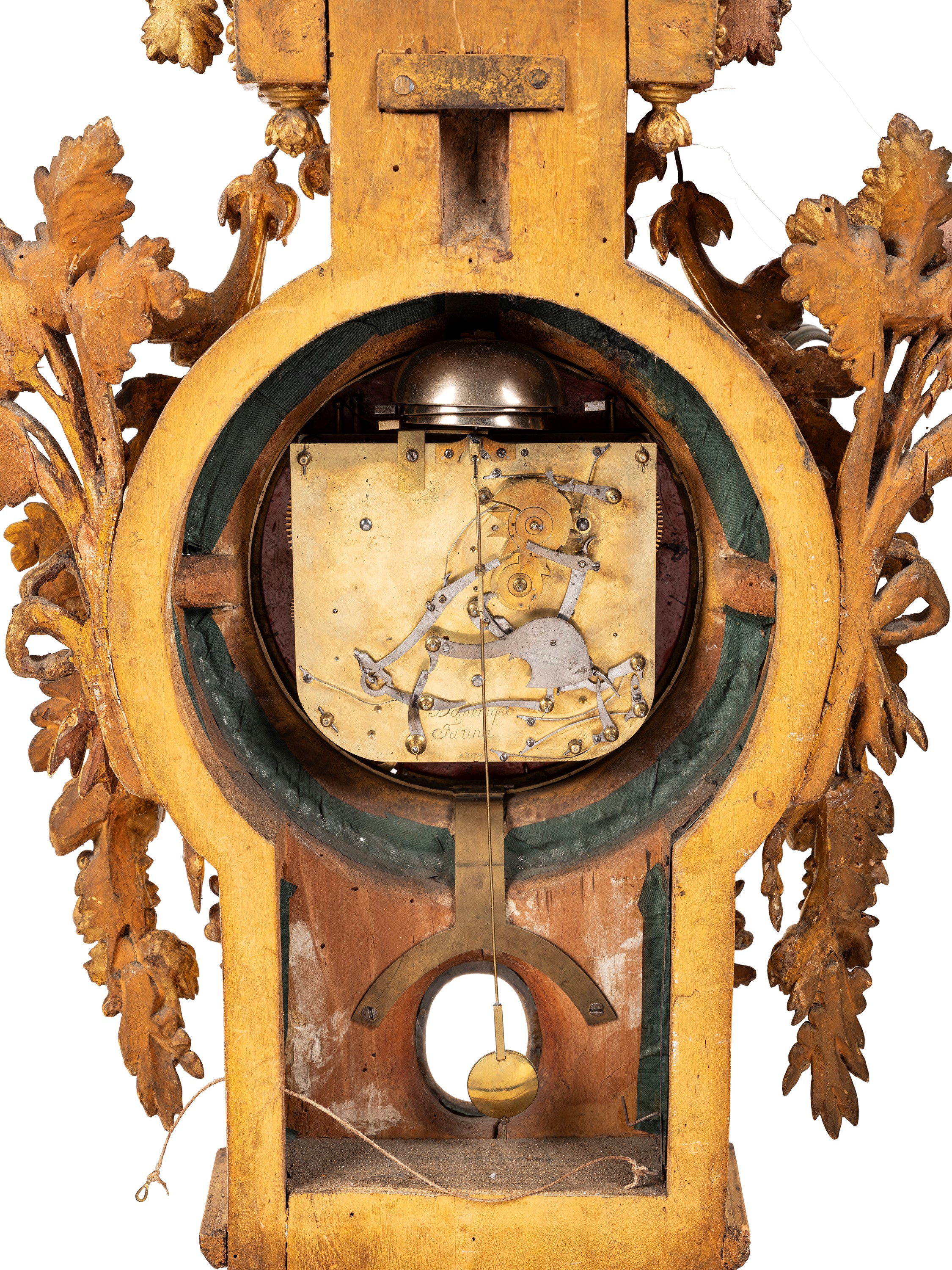 Francesco Bolgiè (attrib.), Orologio cartel, cassa in legno dorato a foglia, XVIII secolo