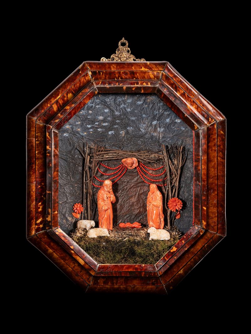 Napoli, XIX secolo, Presepe in corallo con cornice in tartaruga