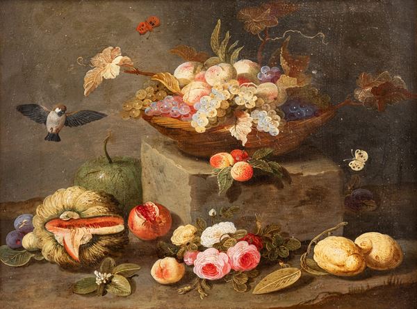 Jan Van Kessel - NATURA MORTA CON FIORI, FRUTTA E UCCELLINI