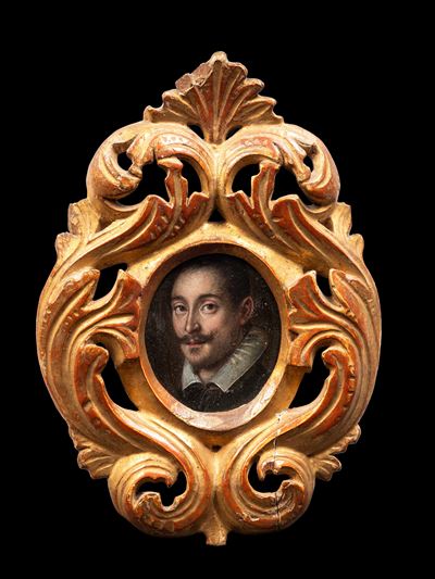 Scuola del XVII secolo, Ritratto di gentiluomo con baffi, olio su rame in ovale