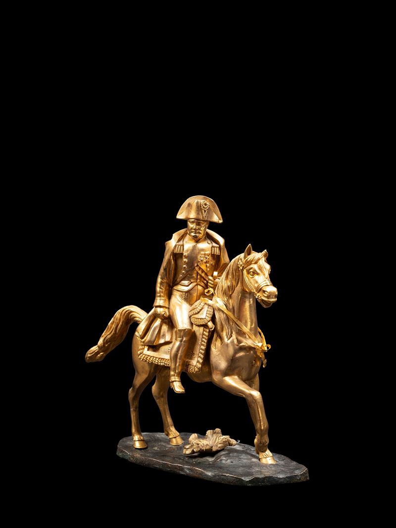Scultura equestre di Napoleone, bronzo dorato con base a terrazza, Francia, XIX secolo