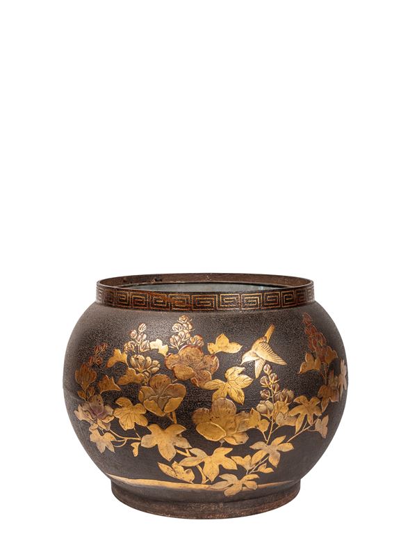 A LACQUERED CAST-IRON CACHEPOT