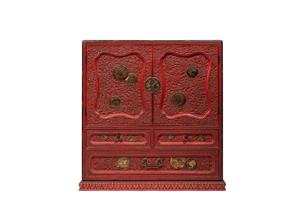 A RARE RED LACQUER AND INLAID WOOD CABINET