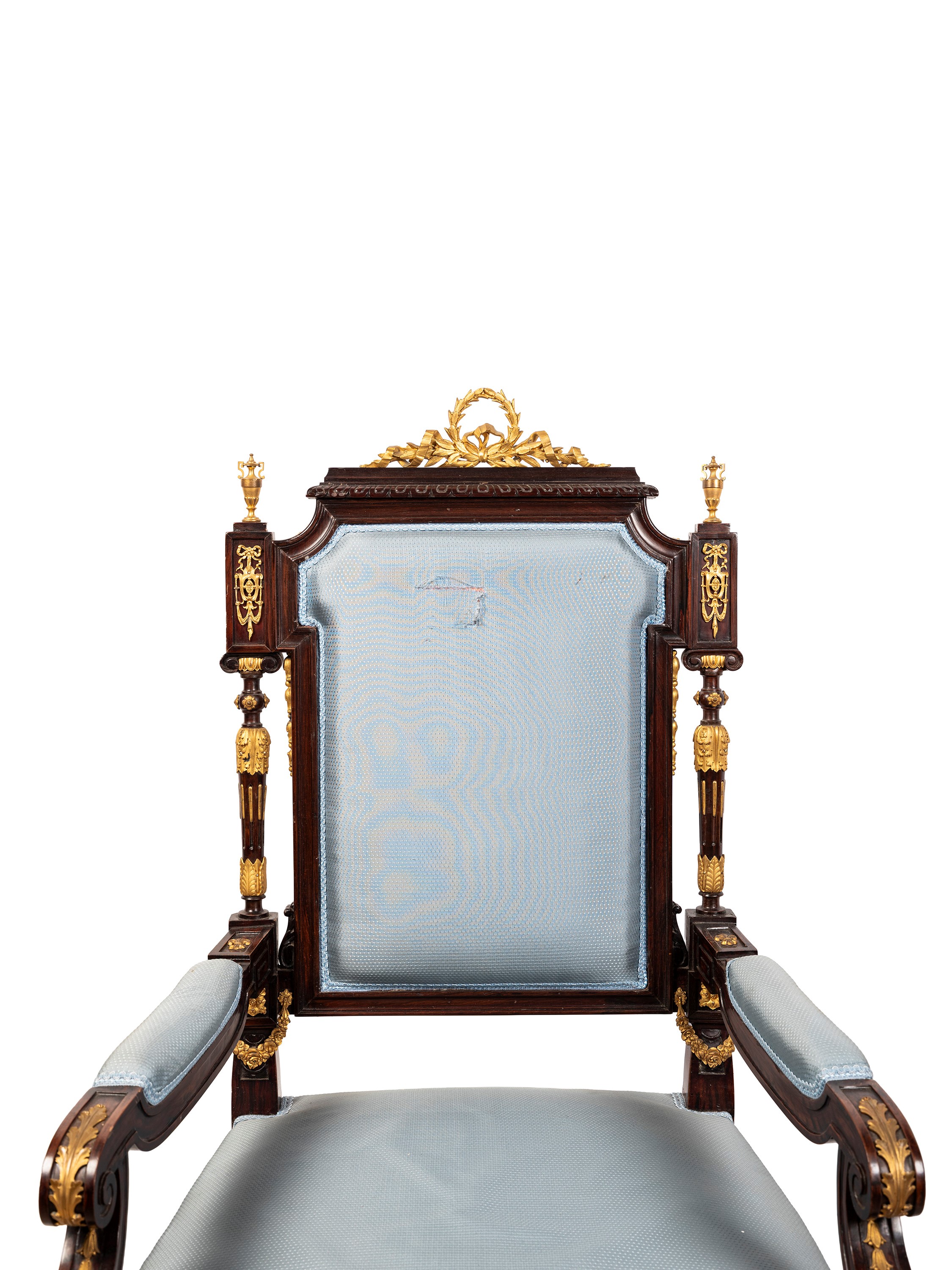 Lotto di quattro sedie e due poltrone in stile Napoleone III, legno con applicazioni in bronzo do...