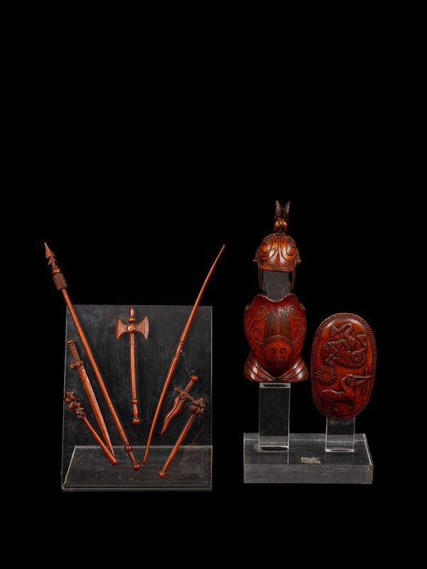 RARI MODELLI IN BOSSO DI ARMATURA CON ELMO, ARMI E SCUDO