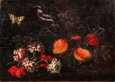 Scuola lombarda, Natura morta con fiori, cardellini e farfalle, olio su tavola