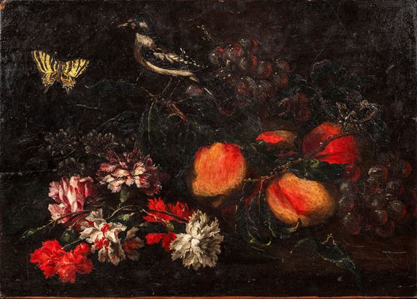 NATURA MORTA CON FIORI, CARDELLINI E FARFALLE