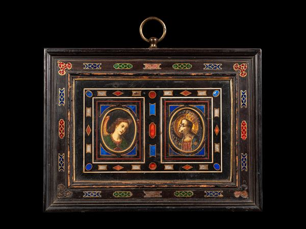 PANNELLO IN PIETRE DURE INCASTONATO ENTRO CORNICE IN EBANO CON APPLICAZIONI IN SMALTO