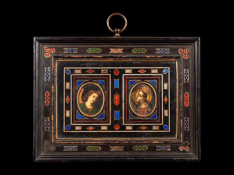Firenze, XVII secolo, Pannello in pietre dure incastonato in cornice in ebano con applicazioni in...
