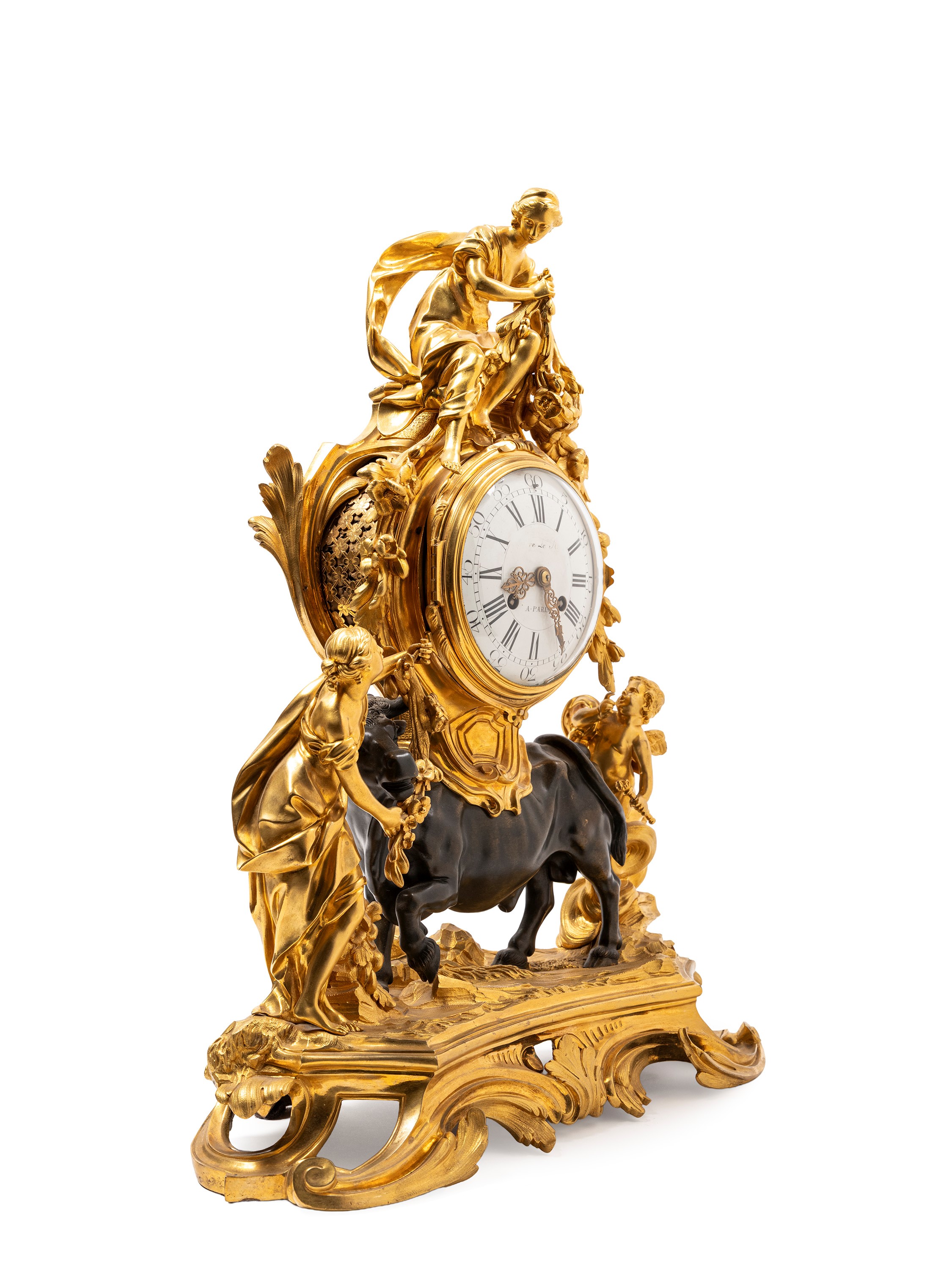 Orologio in stile Luigi XV, cassa in bronzo dorato cesellato con allegoria mitologica (rapimento ...