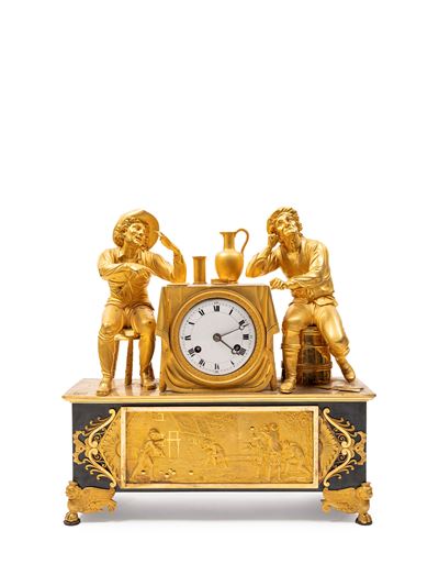 Orologio francese, pendola con allegoria a scene di vita contadina, bronzo brunito e dorato
