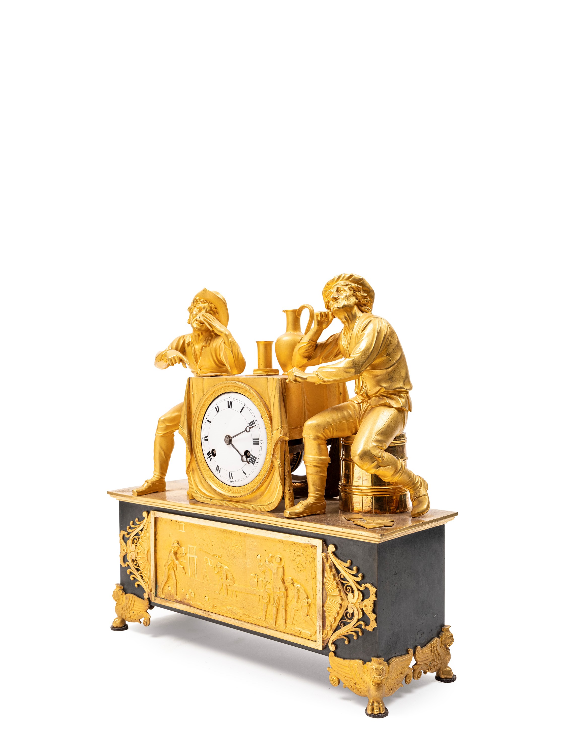 Orologio francese, pendola con allegoria a scene di vita contadina, bronzo brunito e dorato
