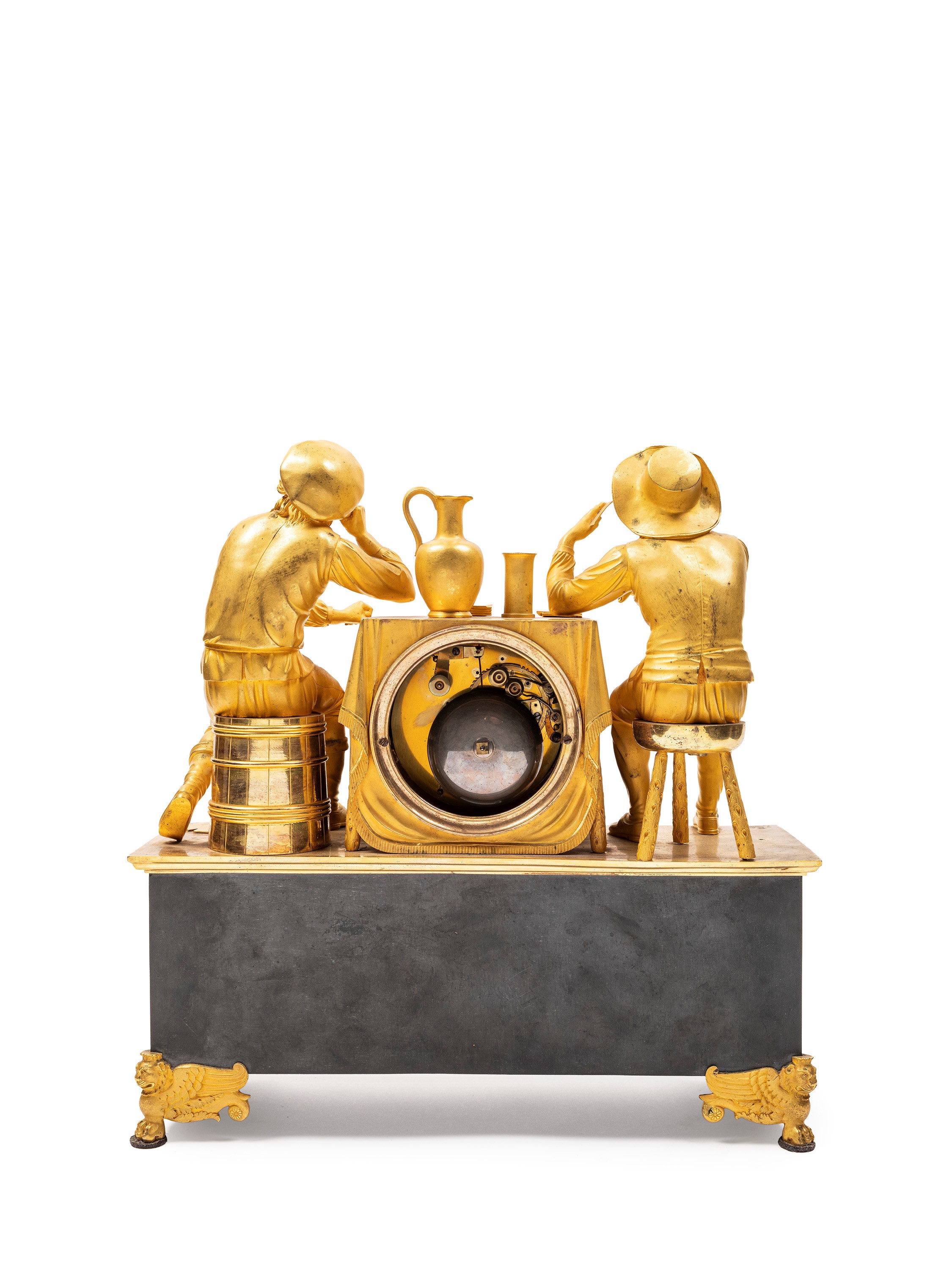 Orologio francese, pendola con allegoria a scene di vita contadina, bronzo brunito e dorato