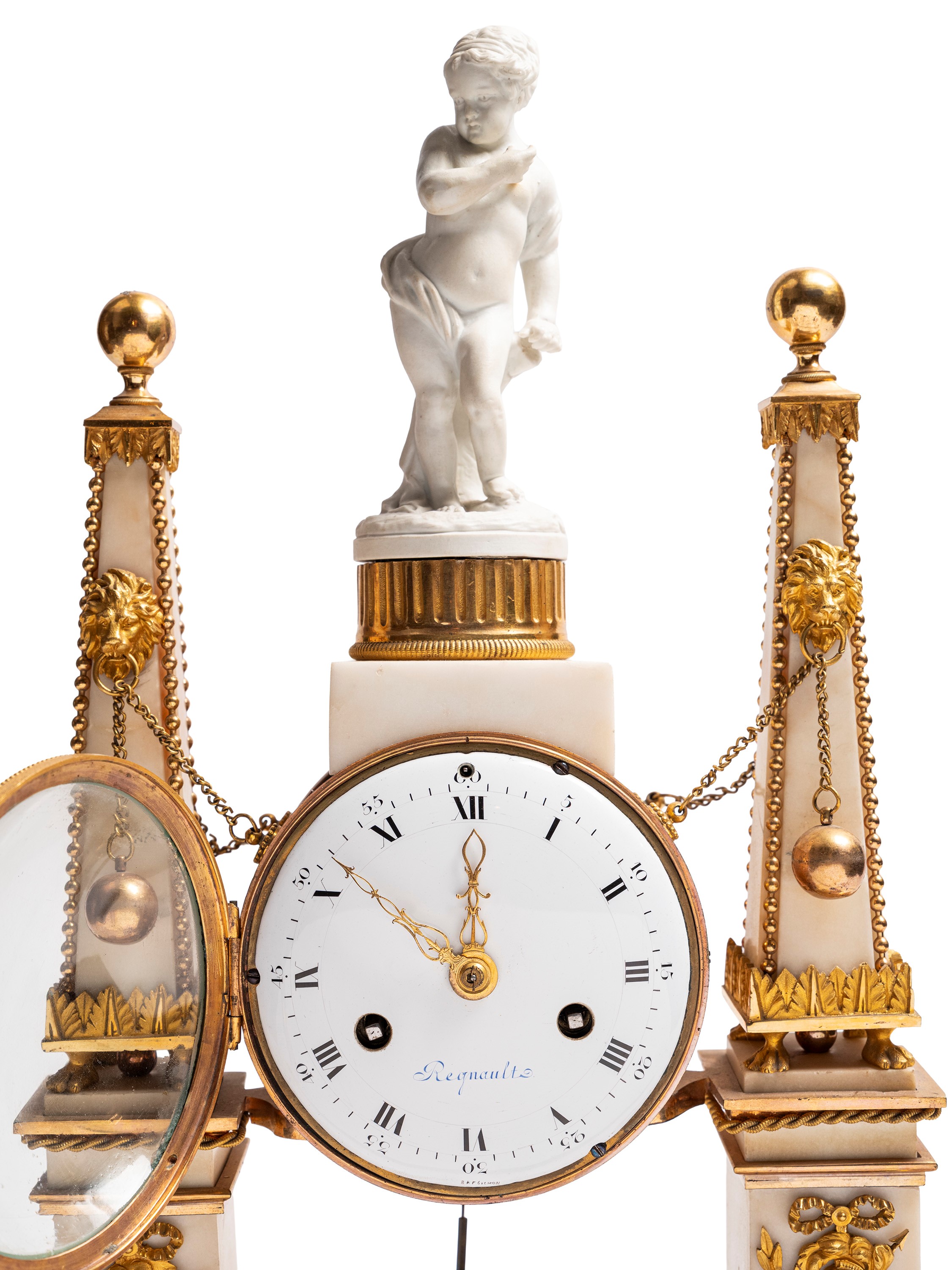 Pendola Luigi XVI, cassa in marmo bianco e bronzo dorato, XVIII secolo