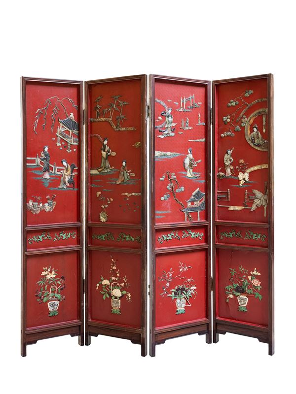 A WOODEN AND HARDSTONES SCREEN
