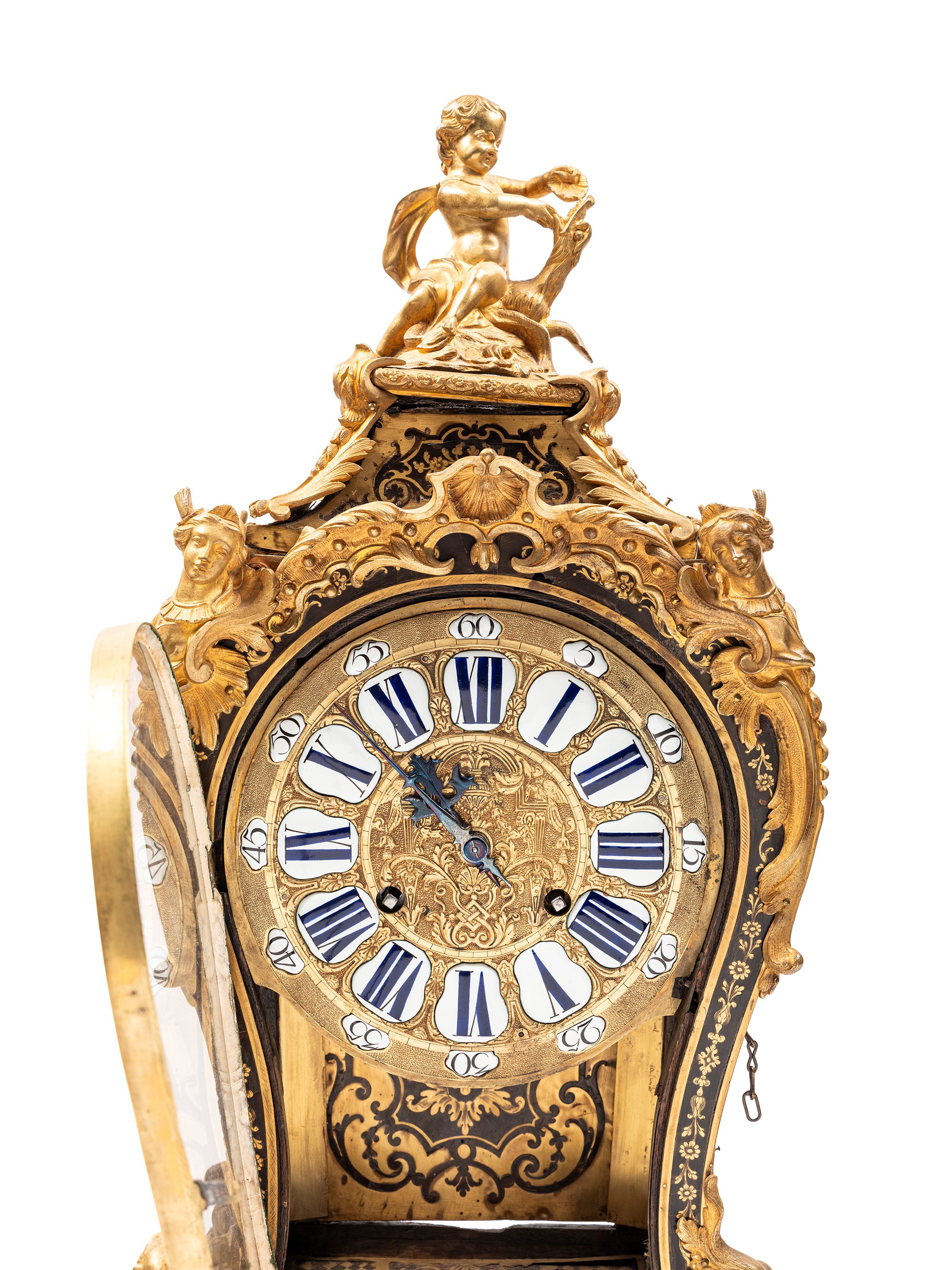 Orologio con mensola neoclassiche, cassa in legno stile Boulle con applicazioni in tartaruga e br...
