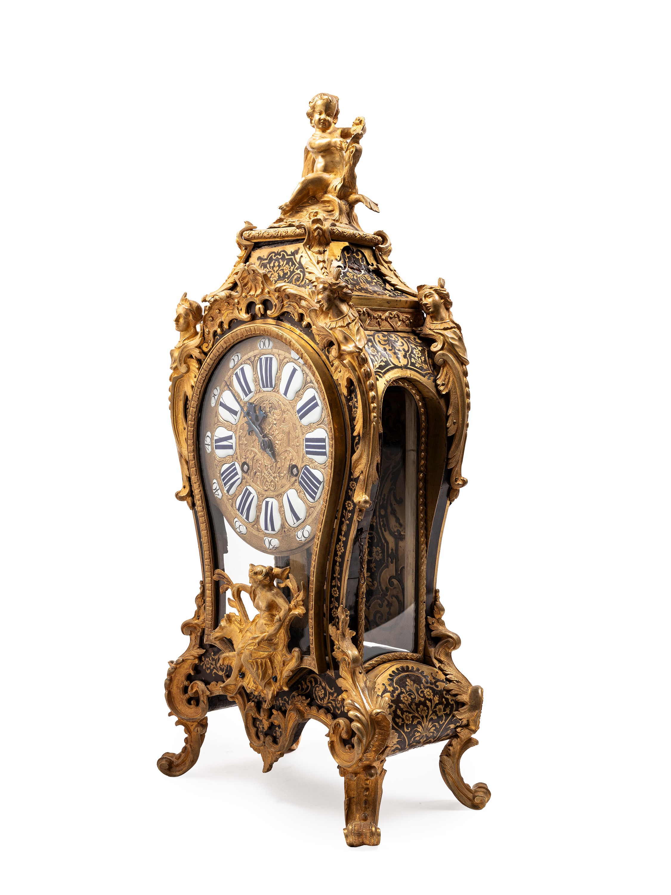 Orologio con mensola neoclassiche, cassa in legno stile Boulle con applicazioni in tartaruga e br...