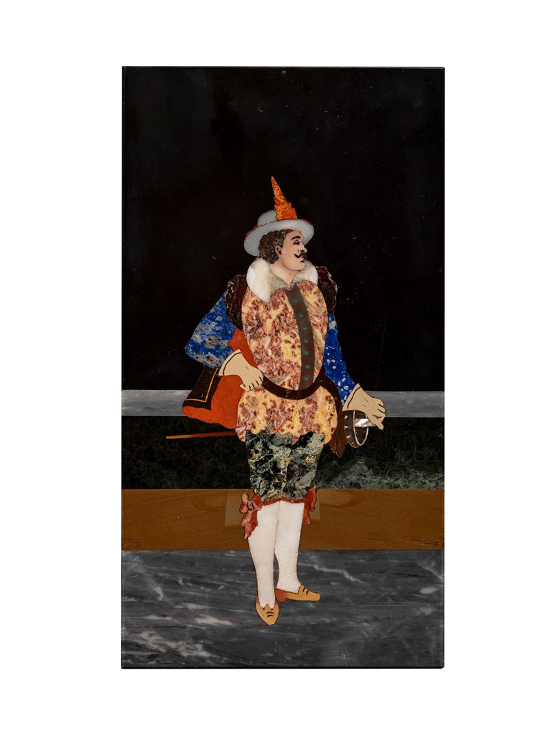 PLACCA IN MARMO NERO E COMMESSO DI PIETRE DURE