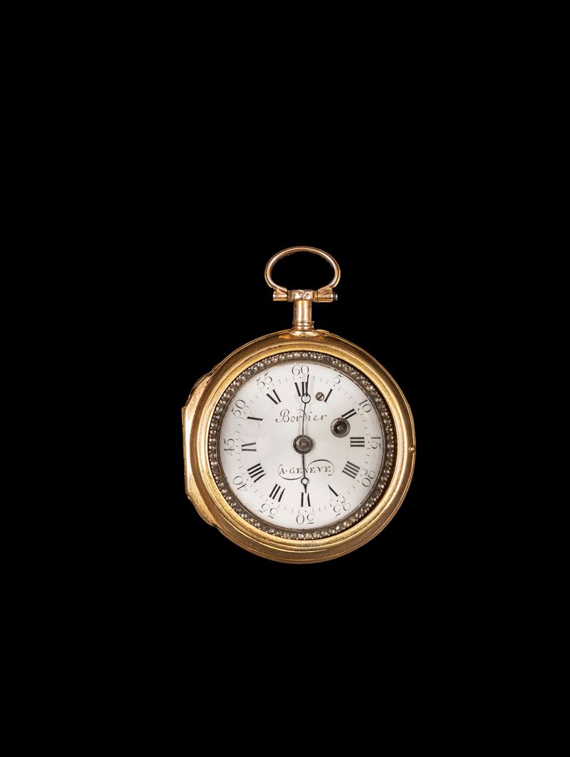 Bordier (attrib.), Orologio da tasca in oro con miniatura in porcellana dipinta, XVIII secolo
