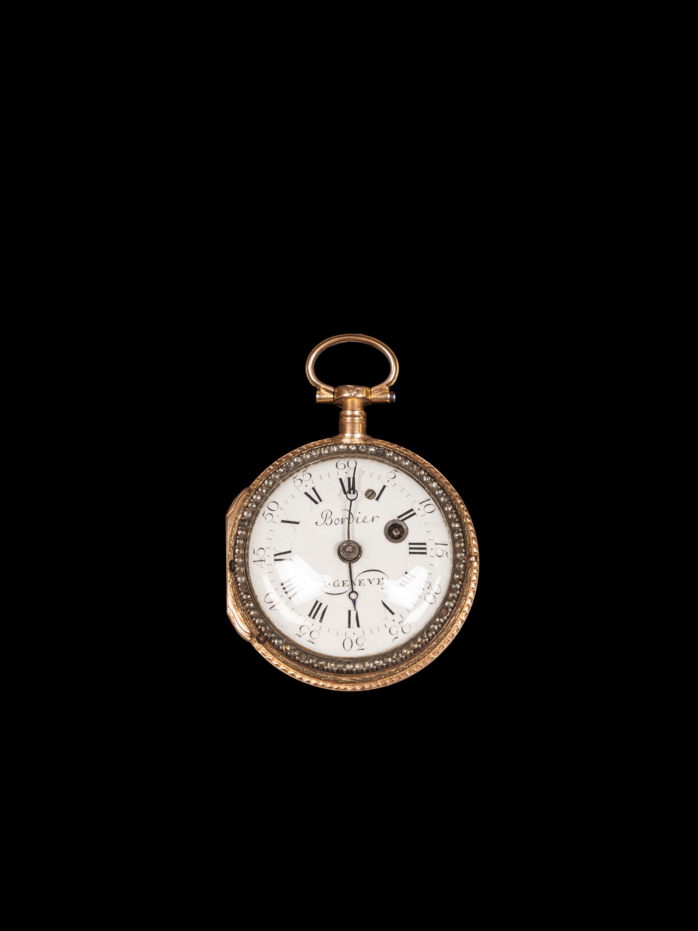 Bordier (attrib.), Orologio da tasca in oro con miniatura in porcellana dipinta, XVIII secolo