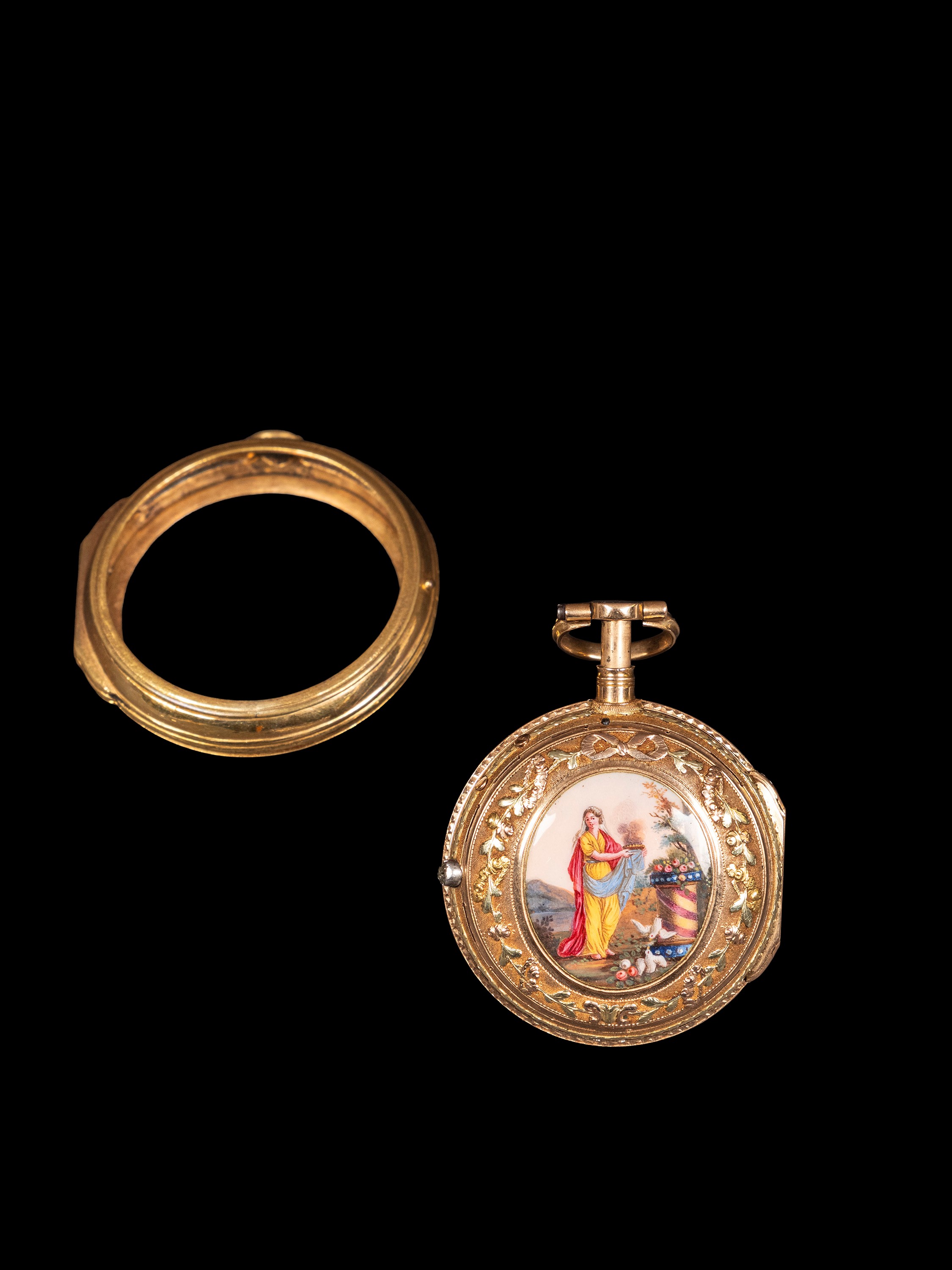 Bordier (attrib.), Orologio da tasca in oro con miniatura in porcellana dipinta, XVIII secolo
