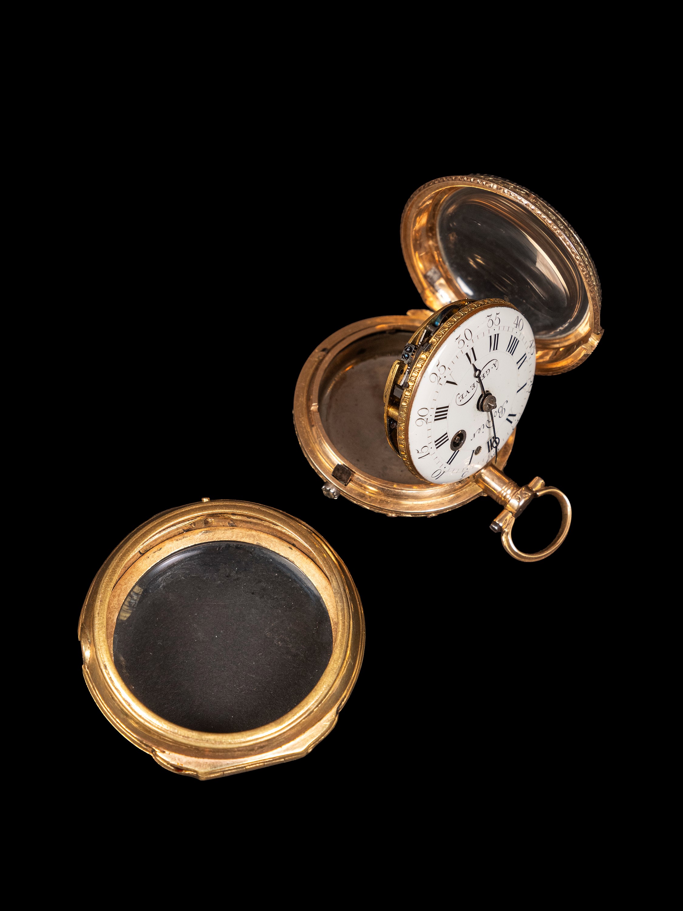 Bordier (attrib.), Orologio da tasca in oro con miniatura in porcellana dipinta, XVIII secolo