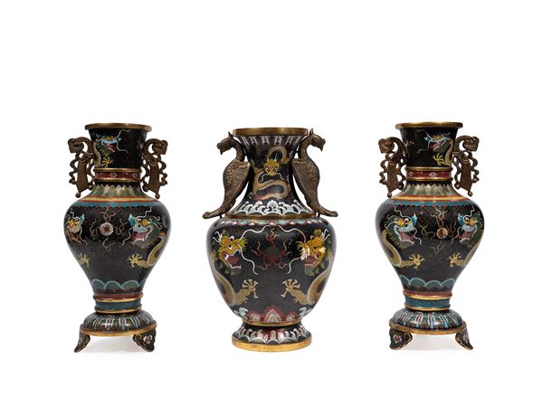 THREE CLOISONNÉ VASES