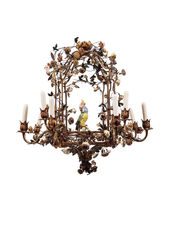LAMPADARIO IN BRONZO E PORCELLANA