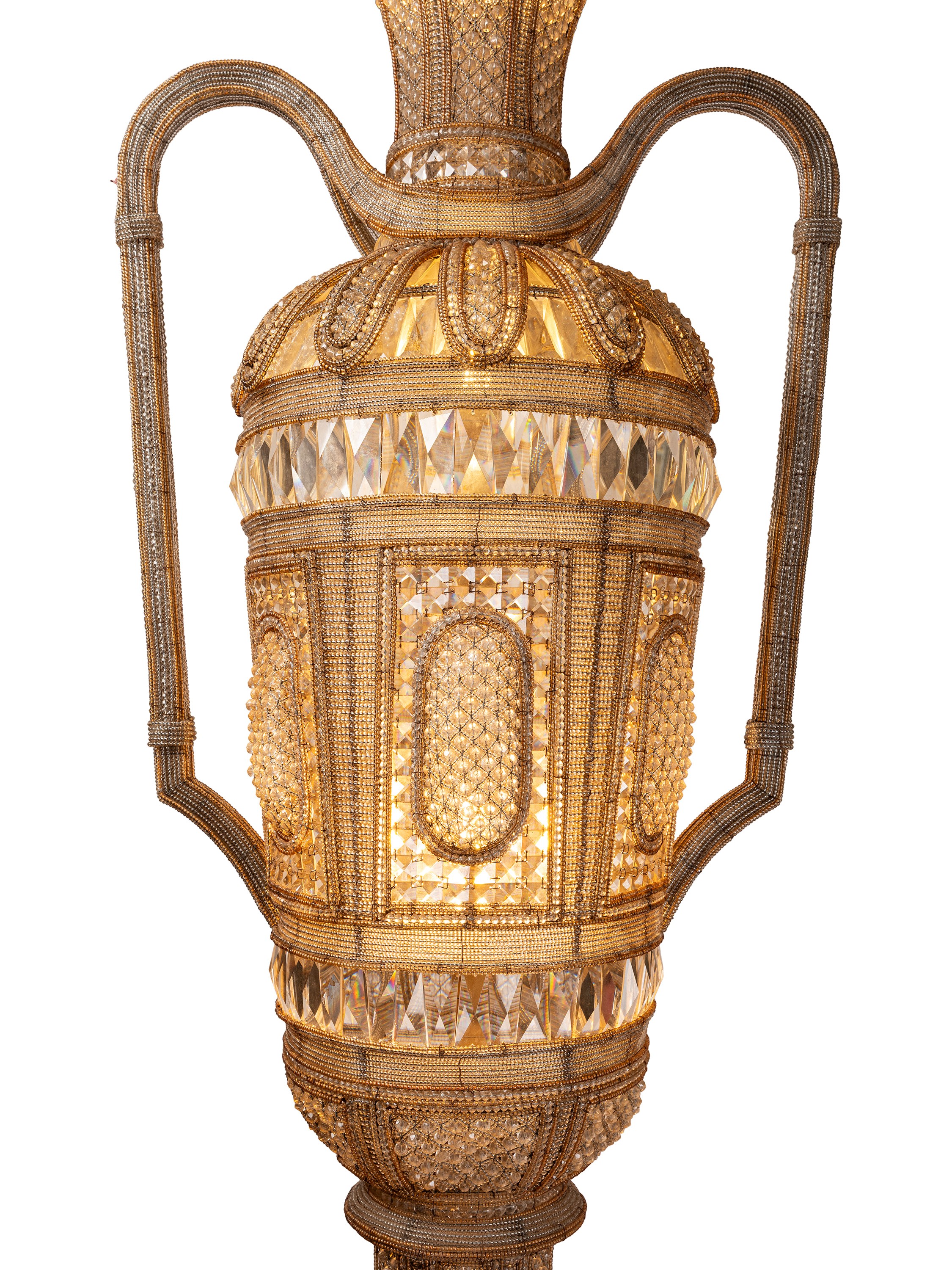 Coppia di monumentali lampade a vaso, in vetro molato, XX secolo
