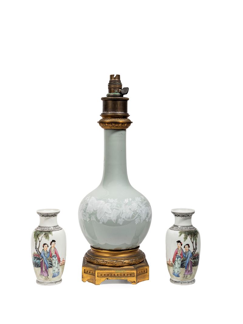 COPPIA DI VASI FAMIGLIA ROSA E VASO CELADON MONTATO A LAMPADA