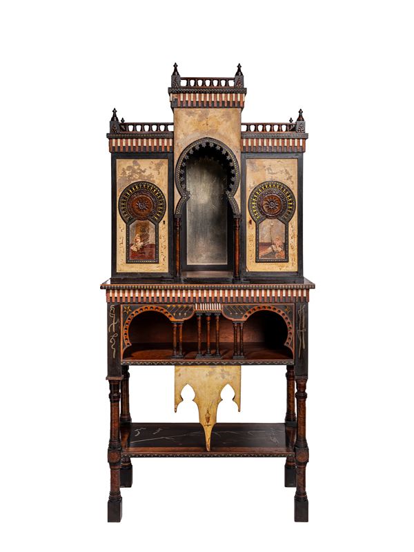 Carlo Bugatti - IMPORTANTE MOBILE MOSQUÉE IN LEGNO INTARSIATO E PERGAMENA DIPINTA
