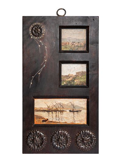 Cornice con tre dipinti a olio raffiguranti paesaggi