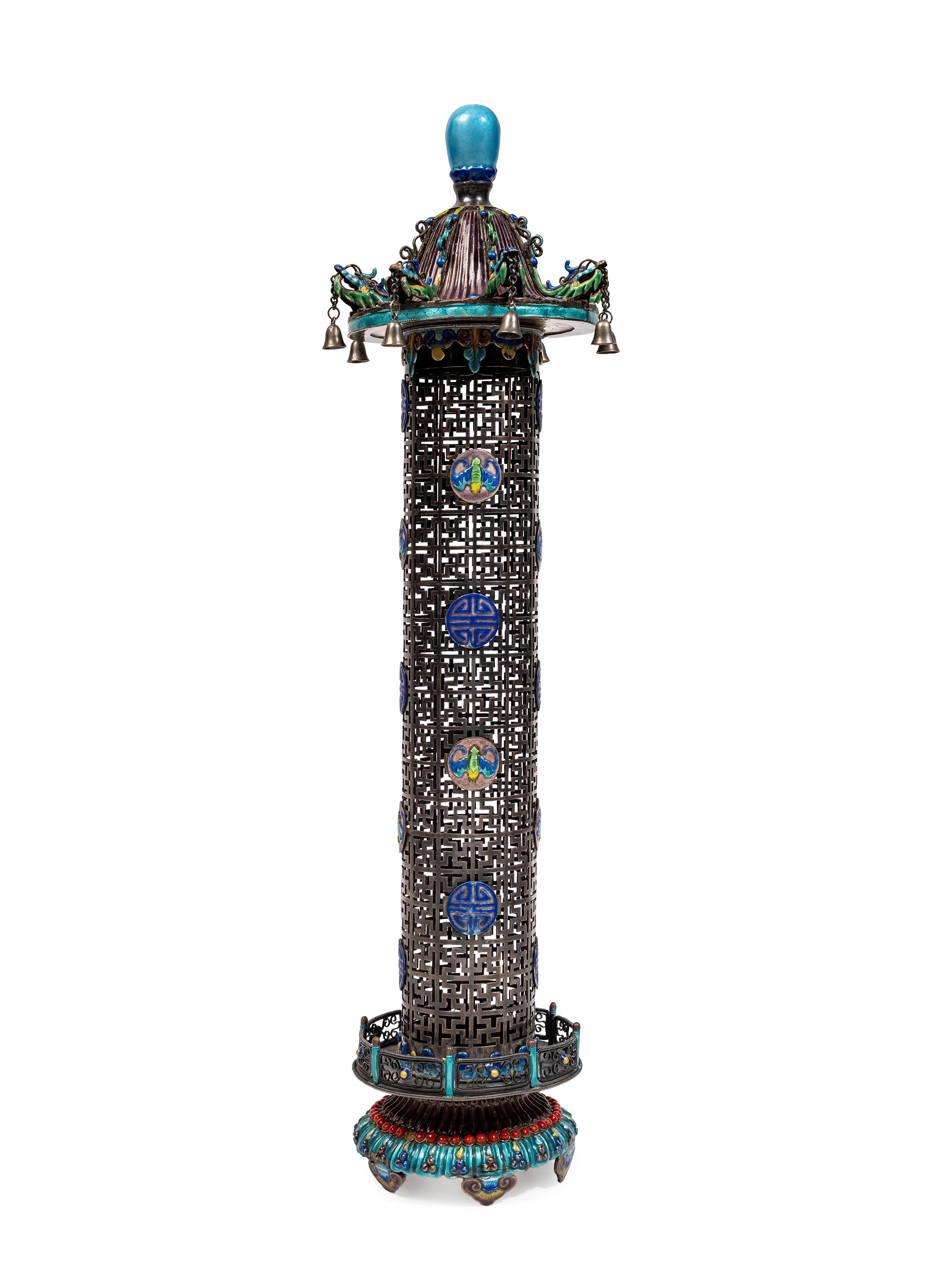 Cina, dinastia Qing, XIX secolo, Incensiere a forma di pagoda in argento smaltato
