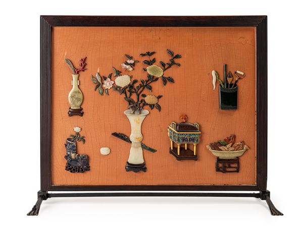 A RARE ZITAN JADE HARDSTONE AND CLOISONNÉ LACQUERED SCREEN