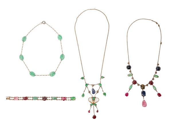 FOUR SILVER JADEITE AND HARDSTONES NECKLACES