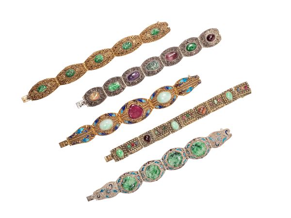 FIVE SILVER JADEITE AND HARDSTONES BRACELETS