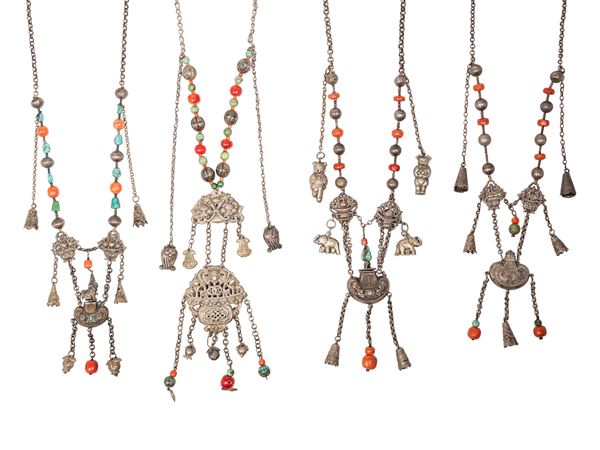 FOUR SILVER TURQUOISE AND HARDSTONES NECKLACES