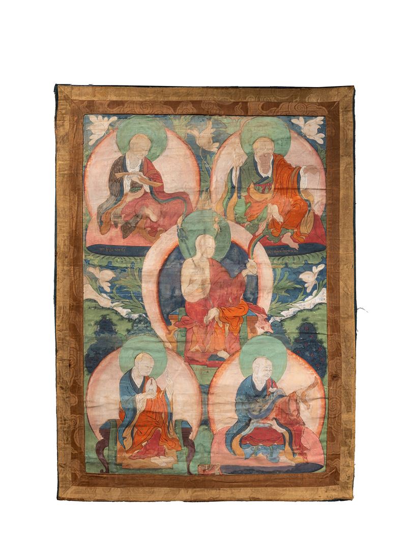 Tibetto (ambito), Thangka con figure di luohan, XVIII secolo