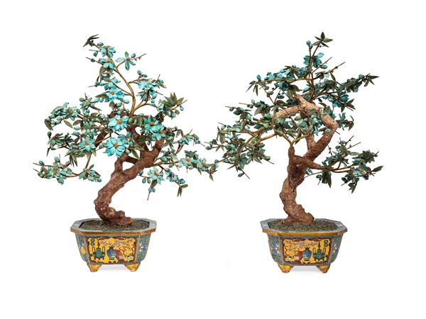 A PAIR OF TOURQUOISE HARDSTONES AND CLOISONNÉ BONSAI