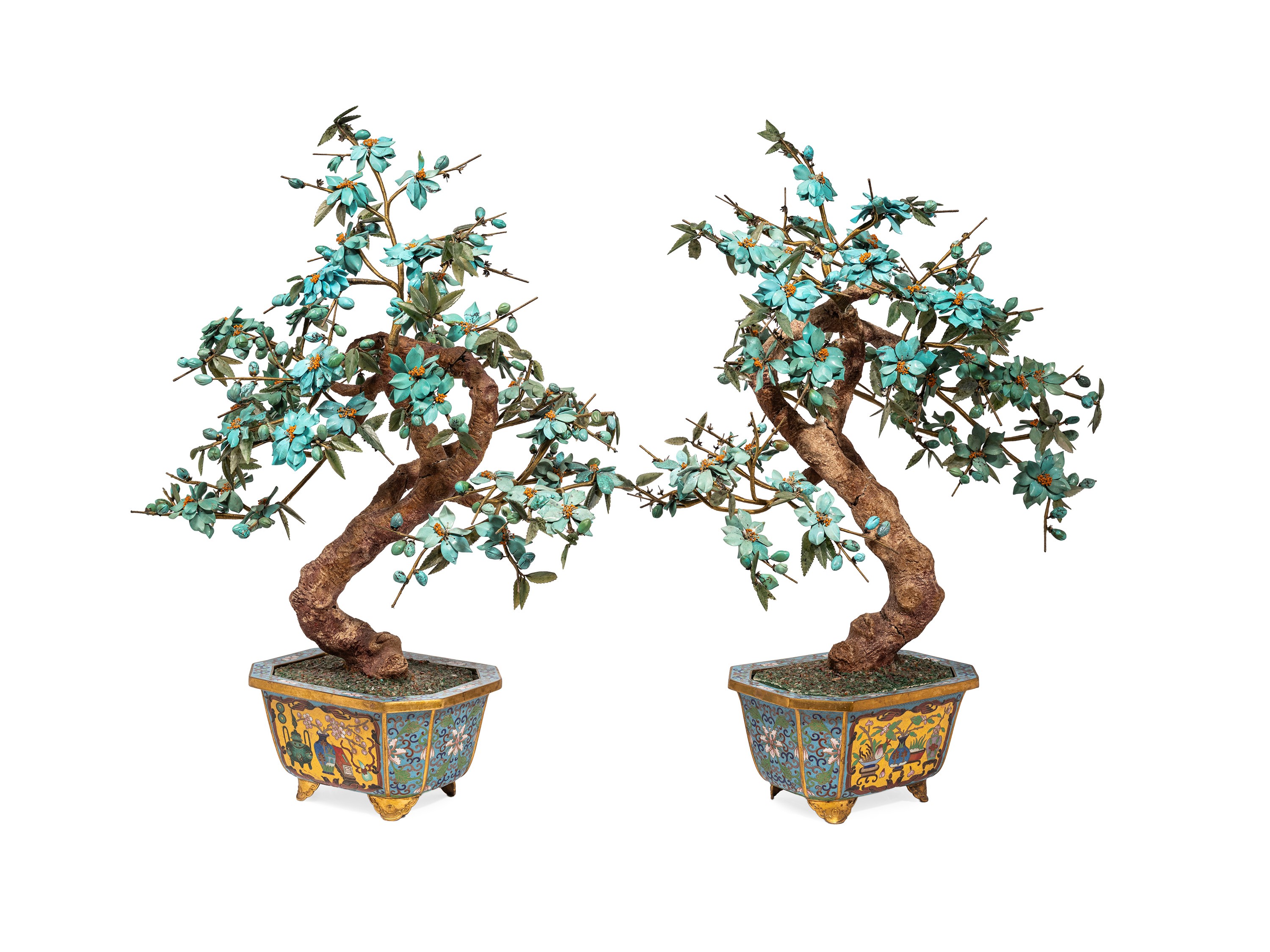 Cina, Coppia di bonsai in turchese e cloisonné