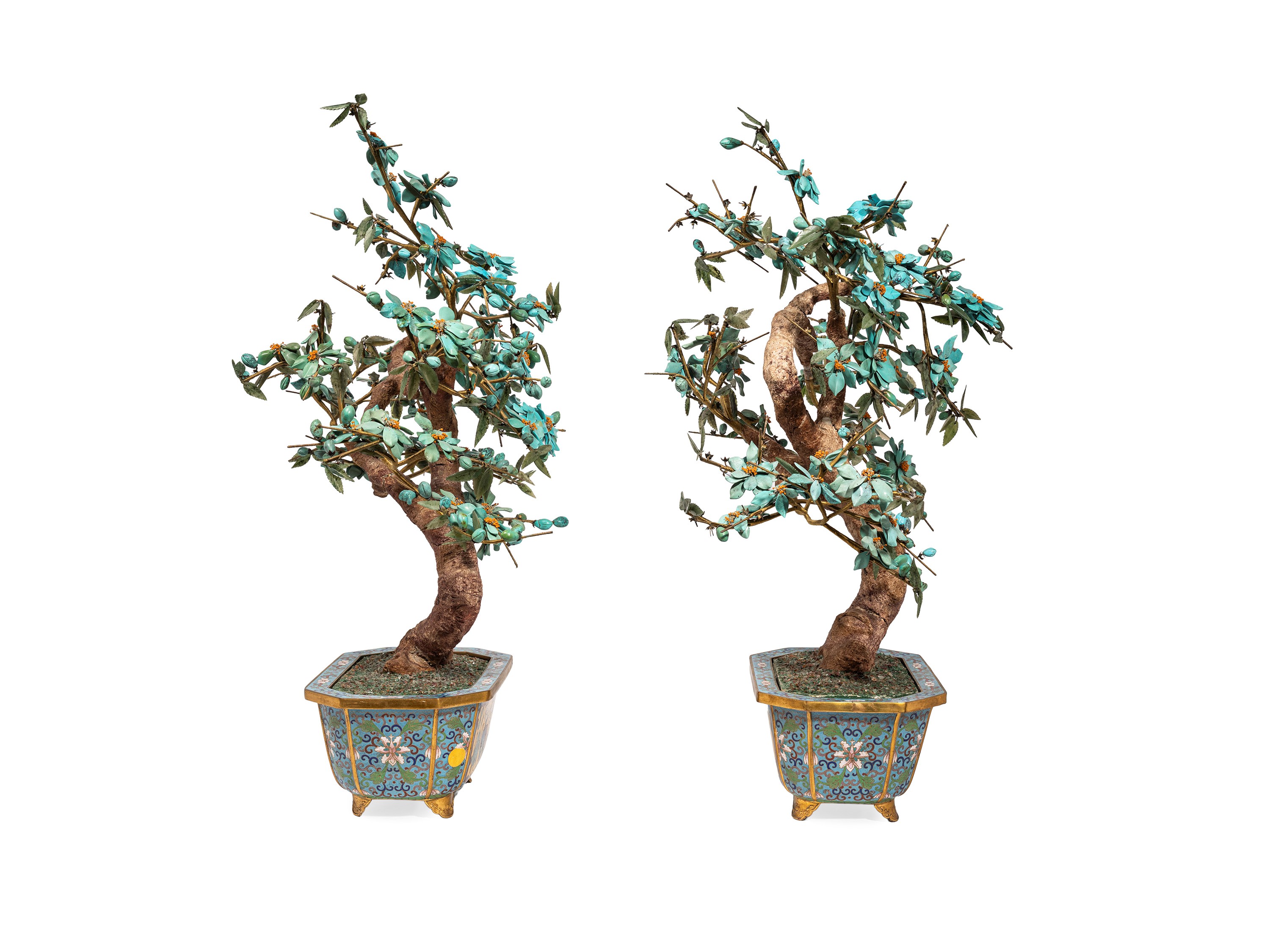 Cina, Coppia di bonsai in turchese e cloisonné