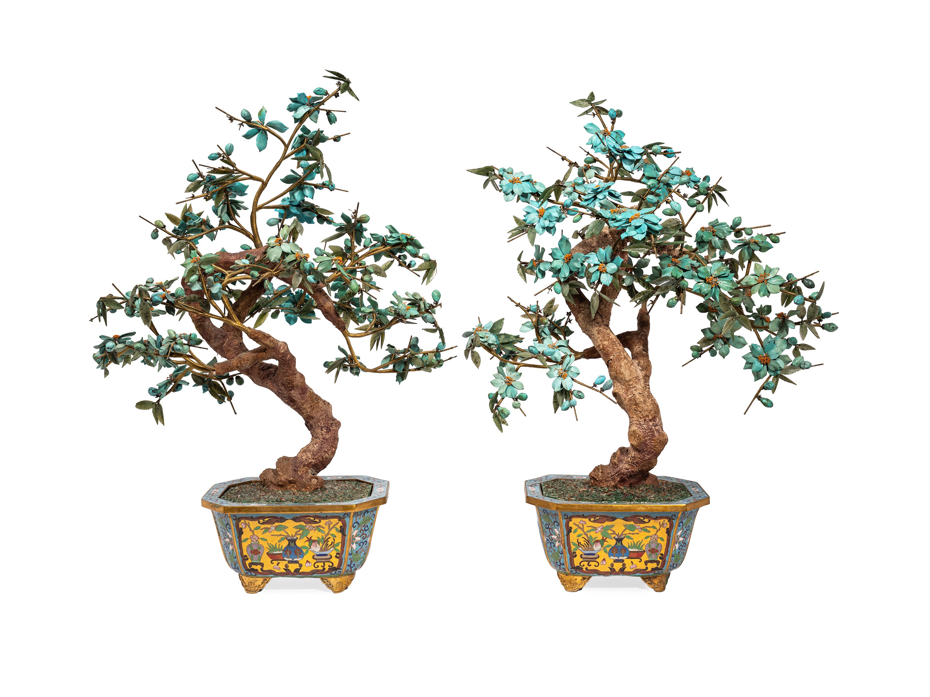 Cina, Coppia di bonsai in turchese e cloisonné